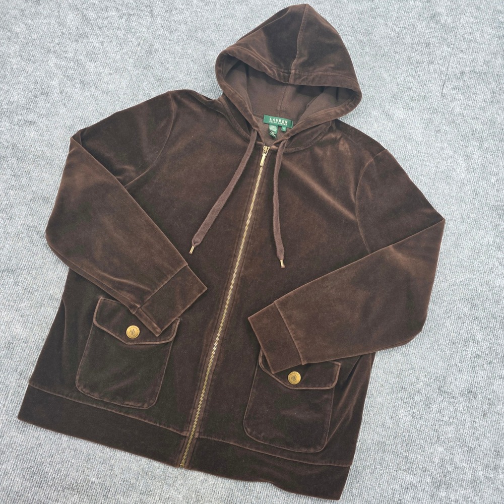 Lauren Ralph Lauren Brown Velour Full Zip Hoodie Gold Button Pockets 2X